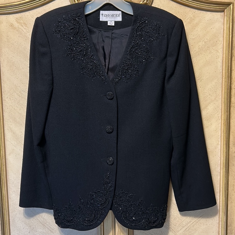 John Meyer Black Wool Beaded Embroidered 2 PC Blazer Jacket & Skirt Suit Set